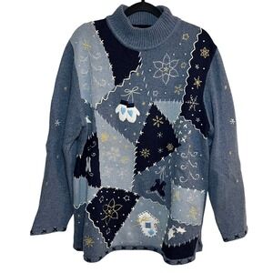 Vintage Embroidered Christmas Sweater Turtleneck Patchwork Winter MockNeck Large